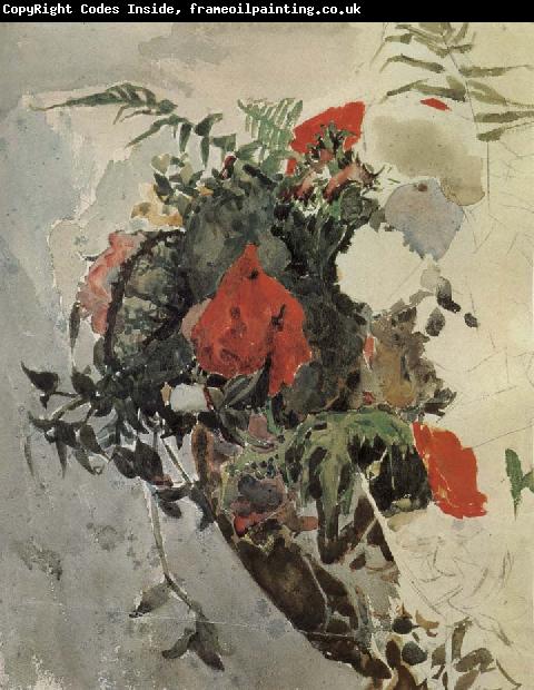 Mikhail Vrubel Red Flowers and Begonia Leaves in a basket